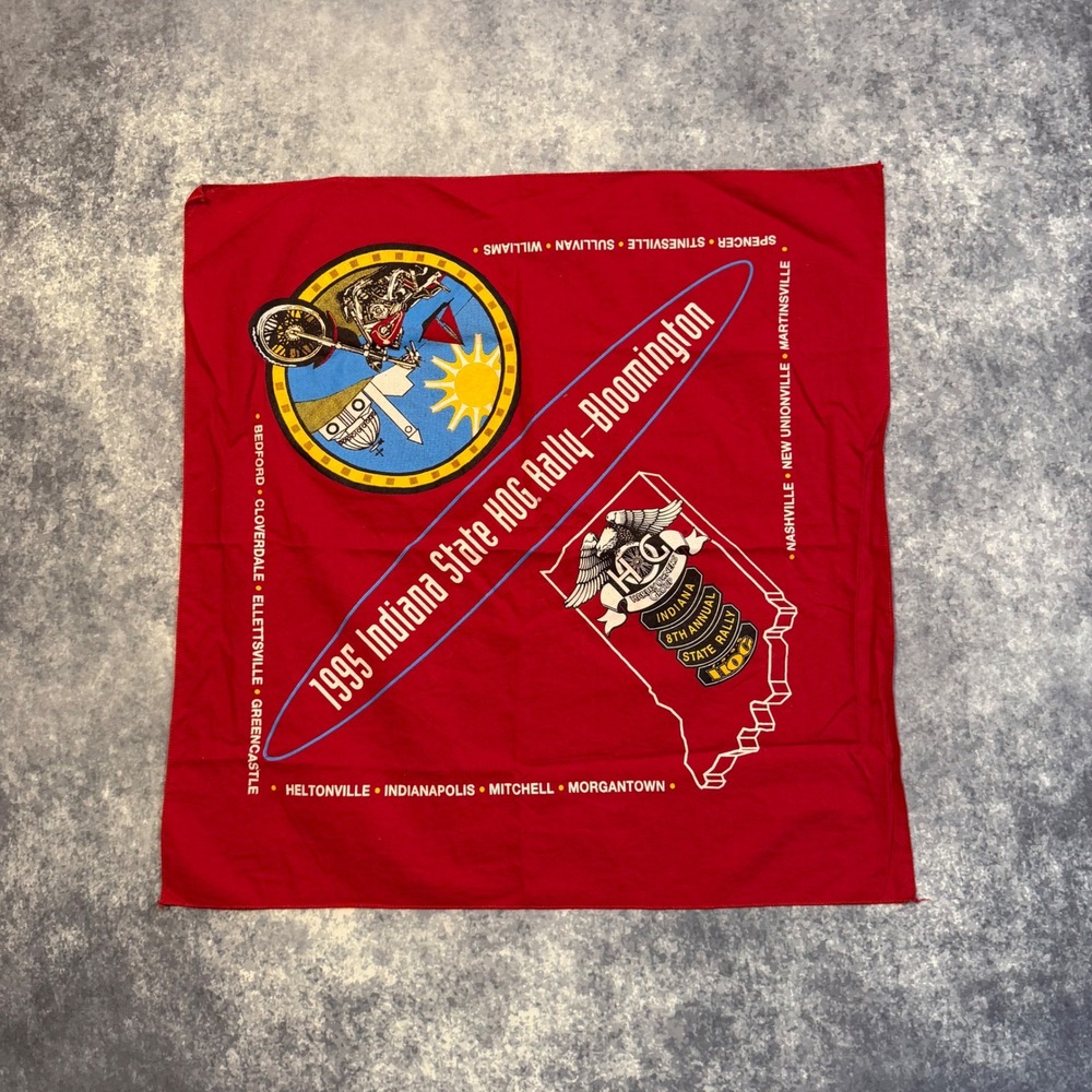 Vintage 1995 Harley Davidson Indiana State HOG Rally Bloomington Red Bandana - Picture 2 of 4